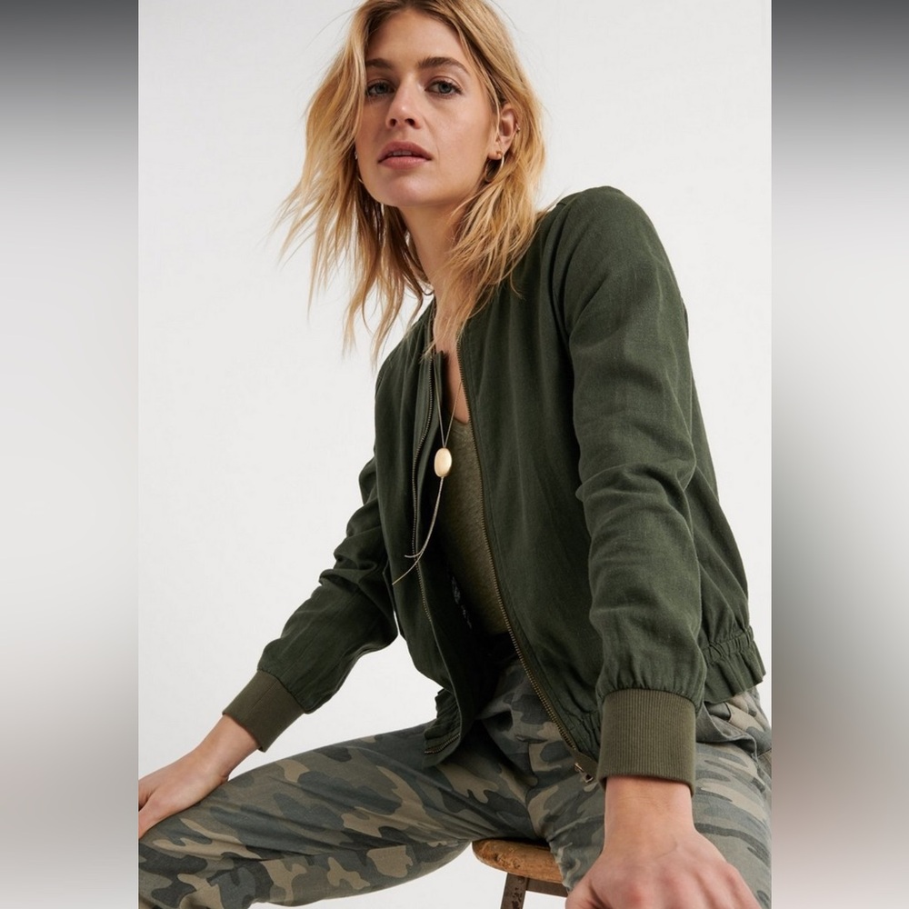 Lucky Brand Soft Feminine Bomber Jacket Linen in Green Grape Leaf XS